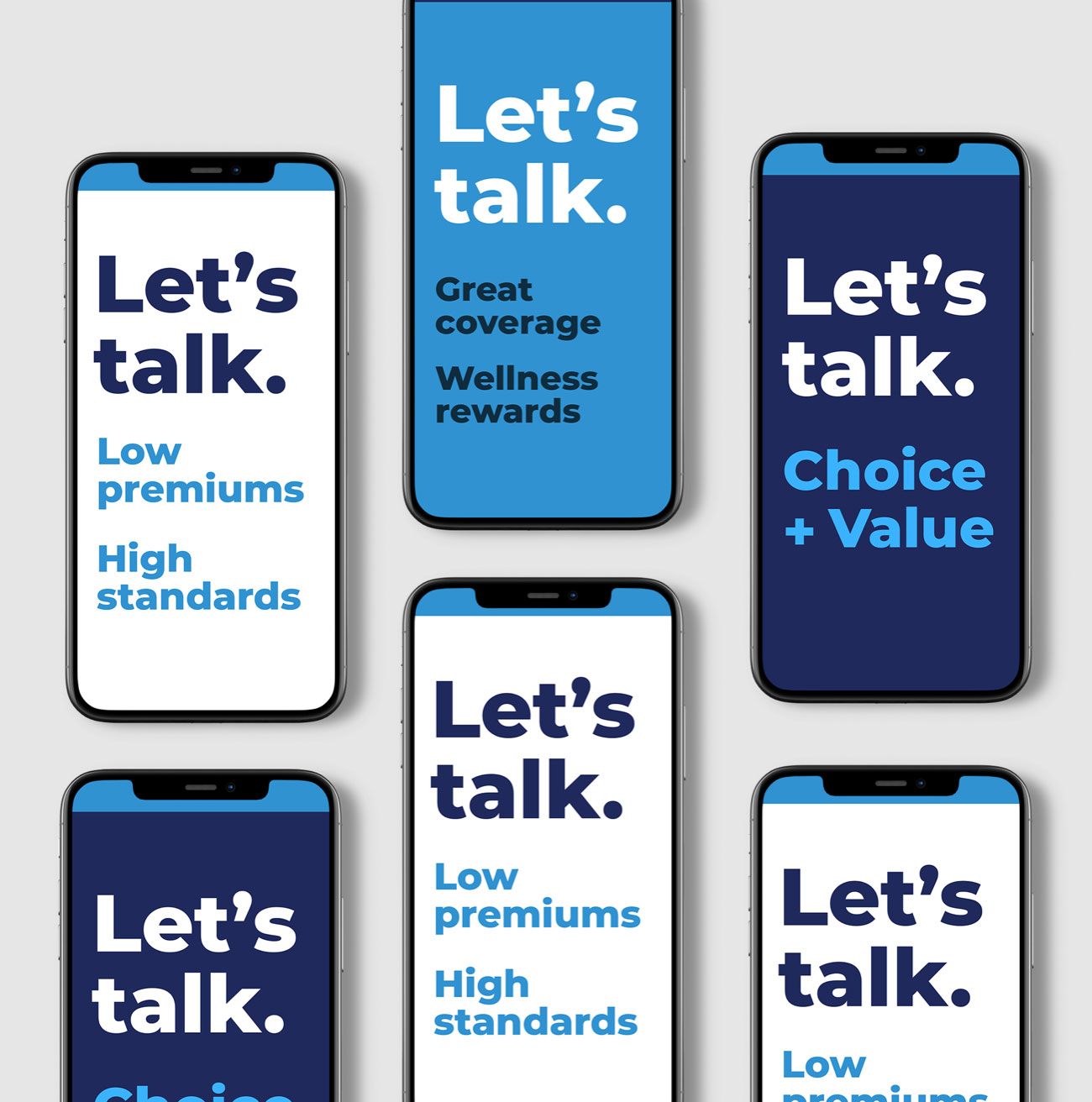 cell phones laid on on a table, all screens have title - Let's talk.